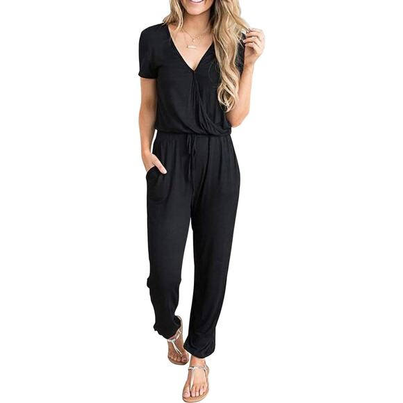 Pretty Garden Pants - Women's Summer Casual Deep V Neck Short Sleeve Wrap Drawstring Waist Jumpsuit